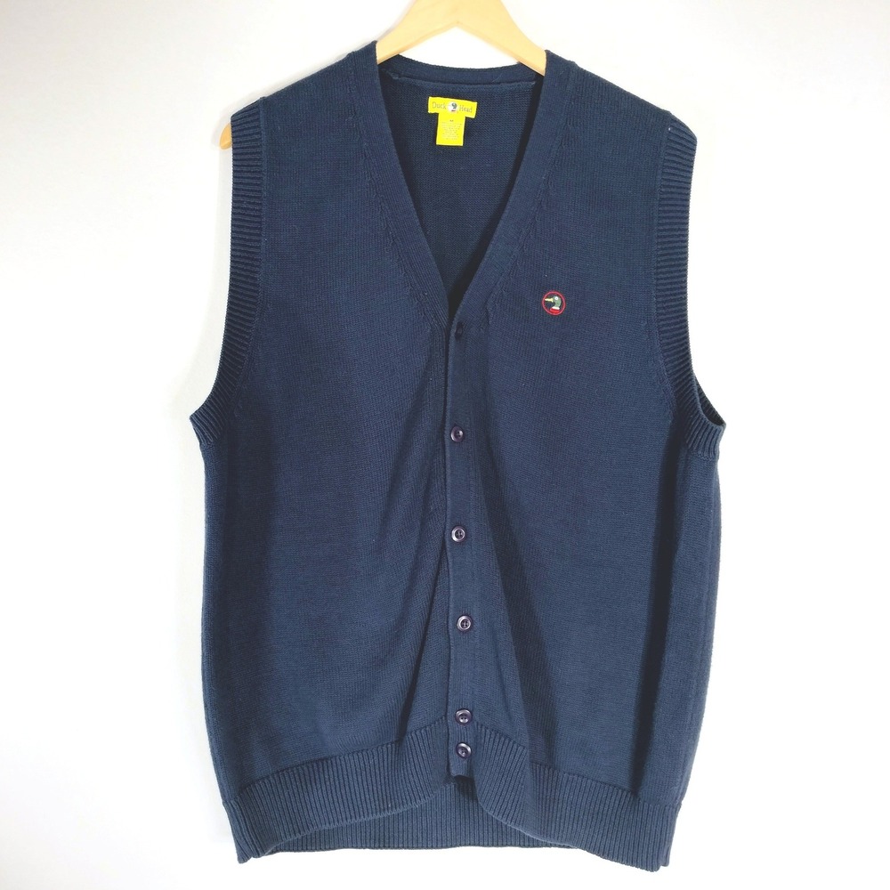 Duck Head Navy Blue Cardigan Vest; V-Neck Button Front Embroidered Logo Mens M